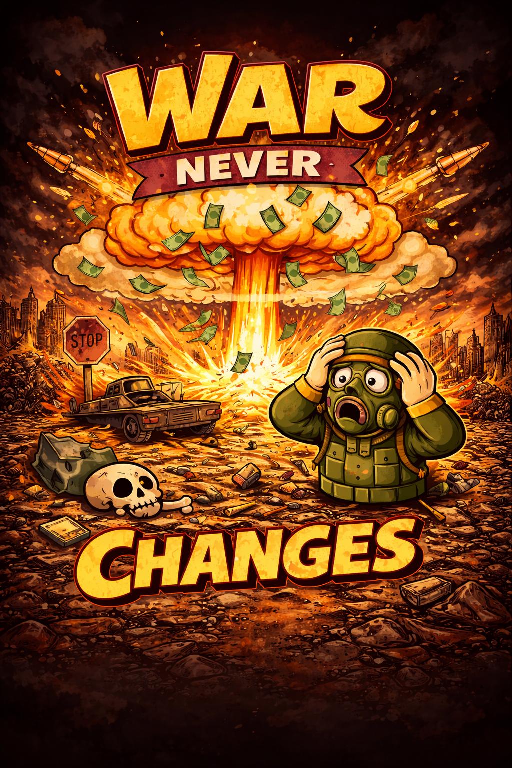 War Never Changes Poster | Retro Cartoon Apocalypse Wall Art | A4 & A3 Print