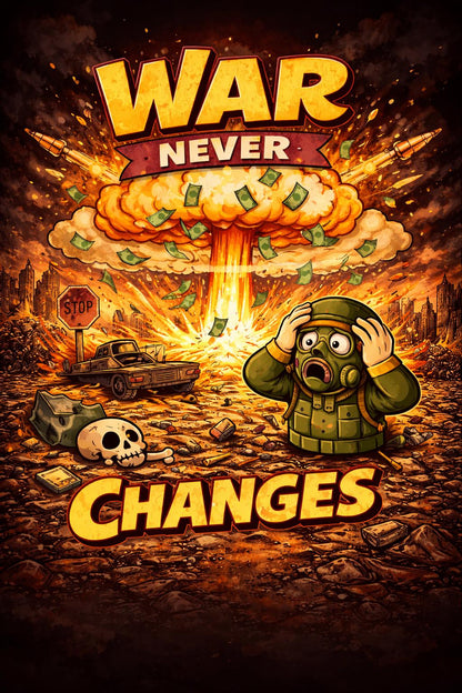 War Never Changes Poster | Retro Cartoon Apocalypse Wall Art | A4 & A3 Print