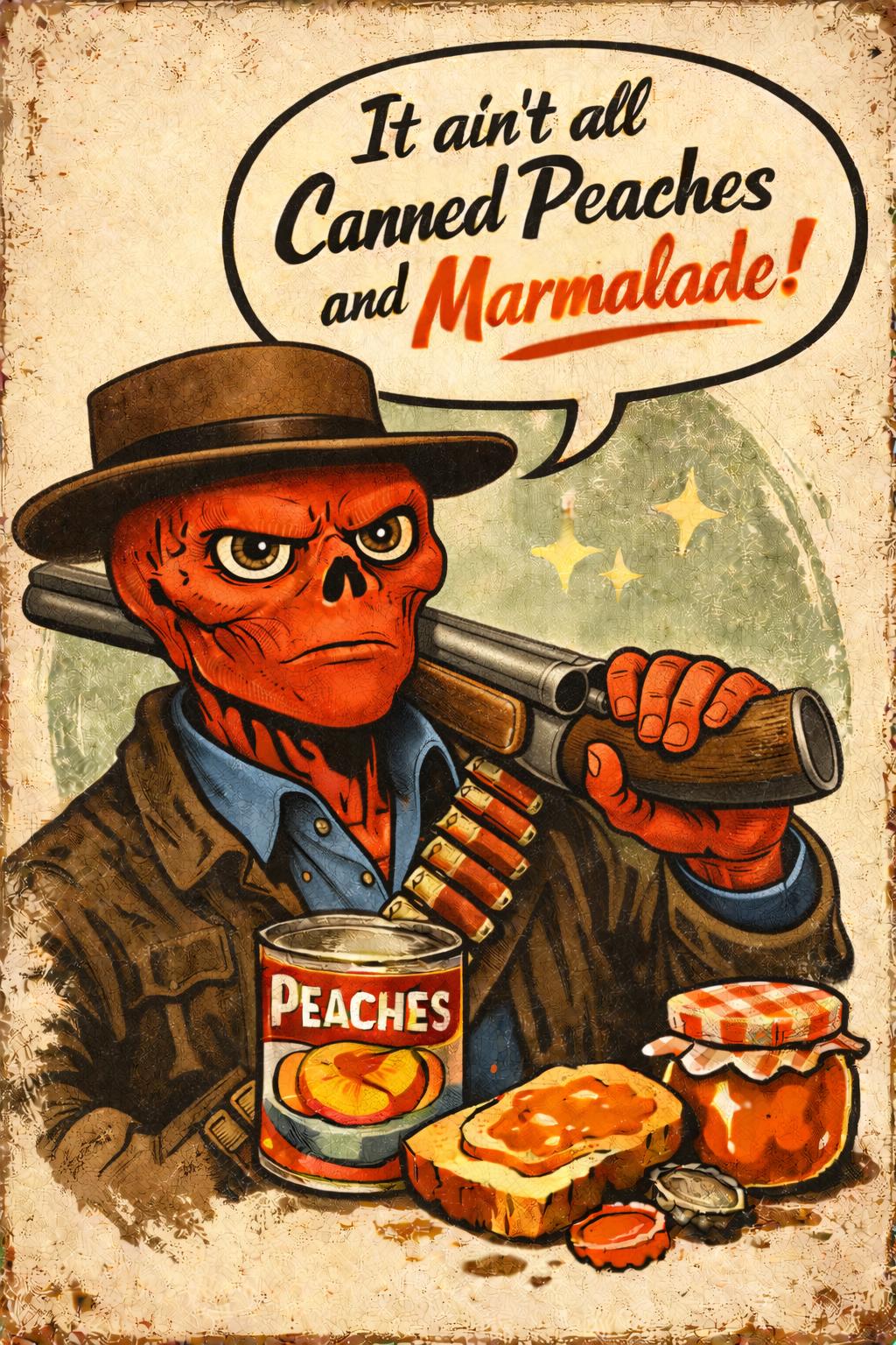 Canned Peaches Poster | Retro Western Cartoon Art | A4 & A3 Print