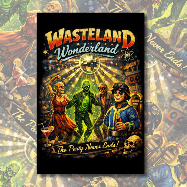 Wasteland Wonderland Poster | Retro Apocalypse Party Art | A4 & A3 Print