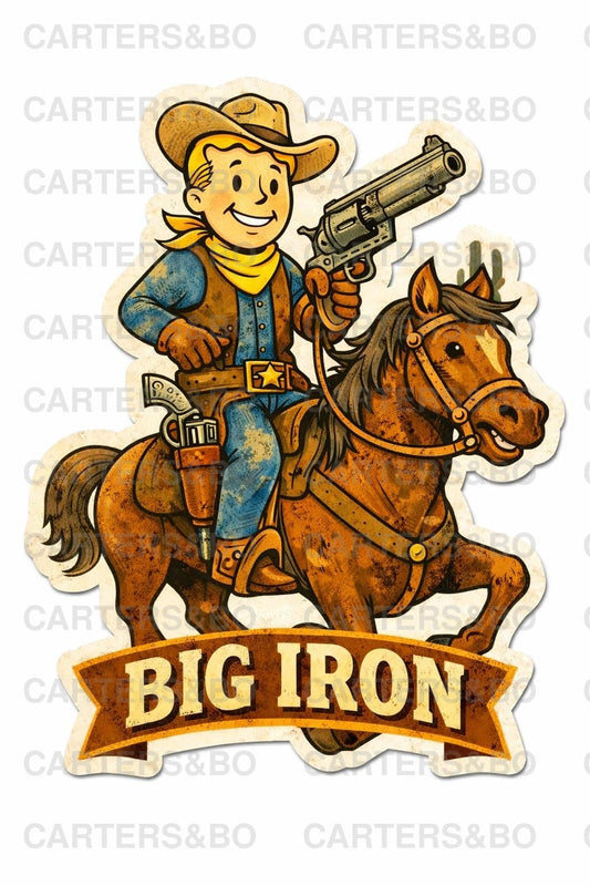 Big Iron Fallout Cowboy Sticker | Retro Western Vinyl Sticker | Vintage Cartoon Cowboy Decal | Laptop, Water Bottle, Journal Sticker