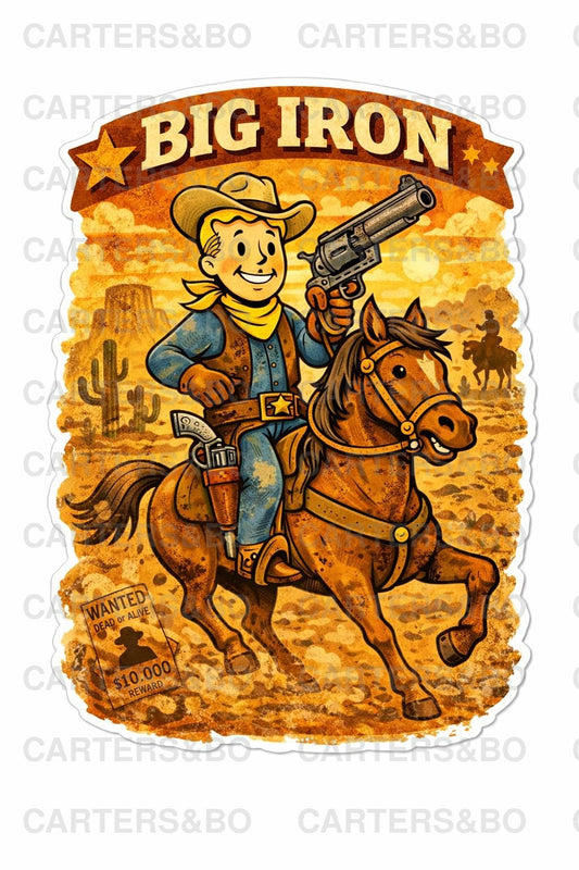 Big Iron Fallout Cowboy Sticker | Retro Western Cartoon Vinyl Decal | 50s Style Cowboy Horse Sticker