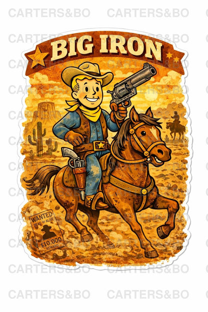 Big Iron Fallout Cowboy Sticker | Retro Western Cartoon Vinyl Decal | 50s Style Cowboy Horse Sticker