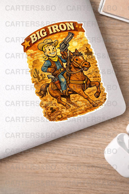 Big Iron Fallout Cowboy Sticker | Retro Western Cartoon Vinyl Decal | 50s Style Cowboy Horse Sticker