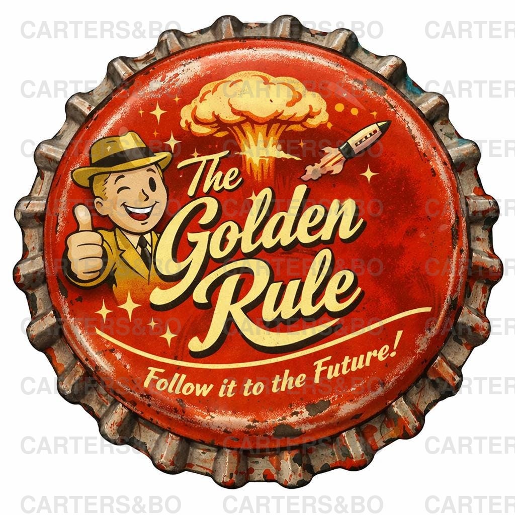 The Golden Rule Retro Bottle Cap T-Shirt | 1950s Atomic Style Graphic Tee | Vintage Fallout-Inspired Streetwear