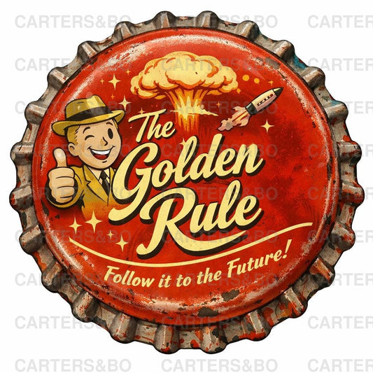 The Golden Rule Retro Bottle Cap T-Shirt | 1950s Atomic Style Graphic Tee | Vintage Fallout-Inspired Streetwear