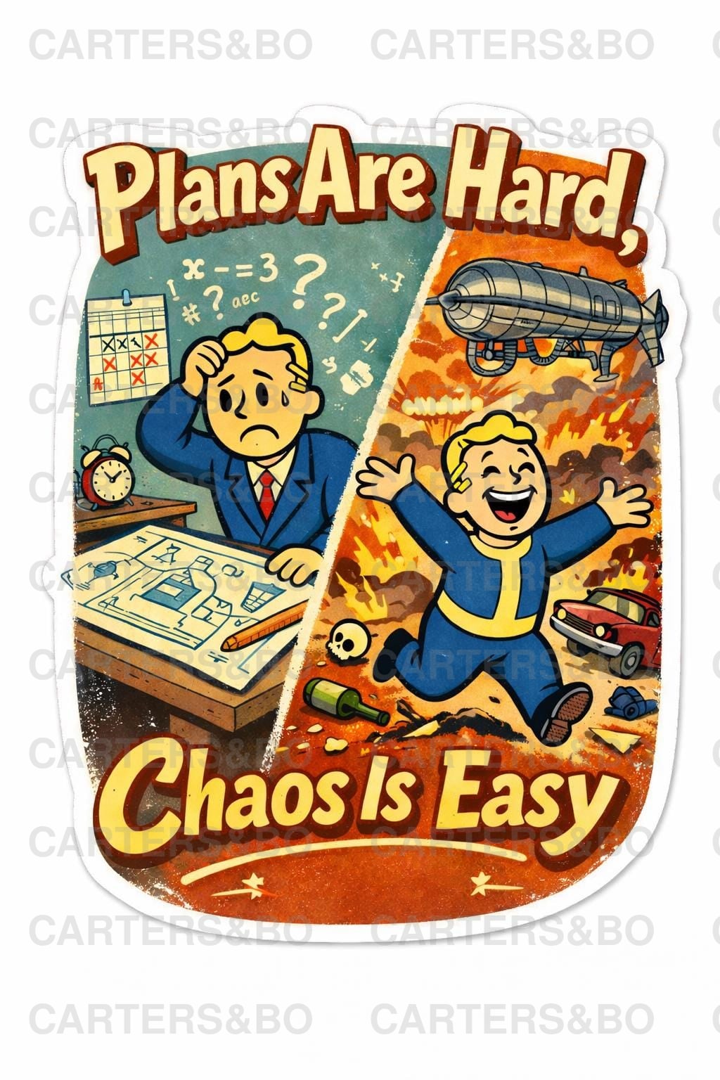Plans Are Hard, Chaos Is Easy Sticker | Retro 50s Cartoon Vinyl Sticker | Funny Planner Humor | Laptop