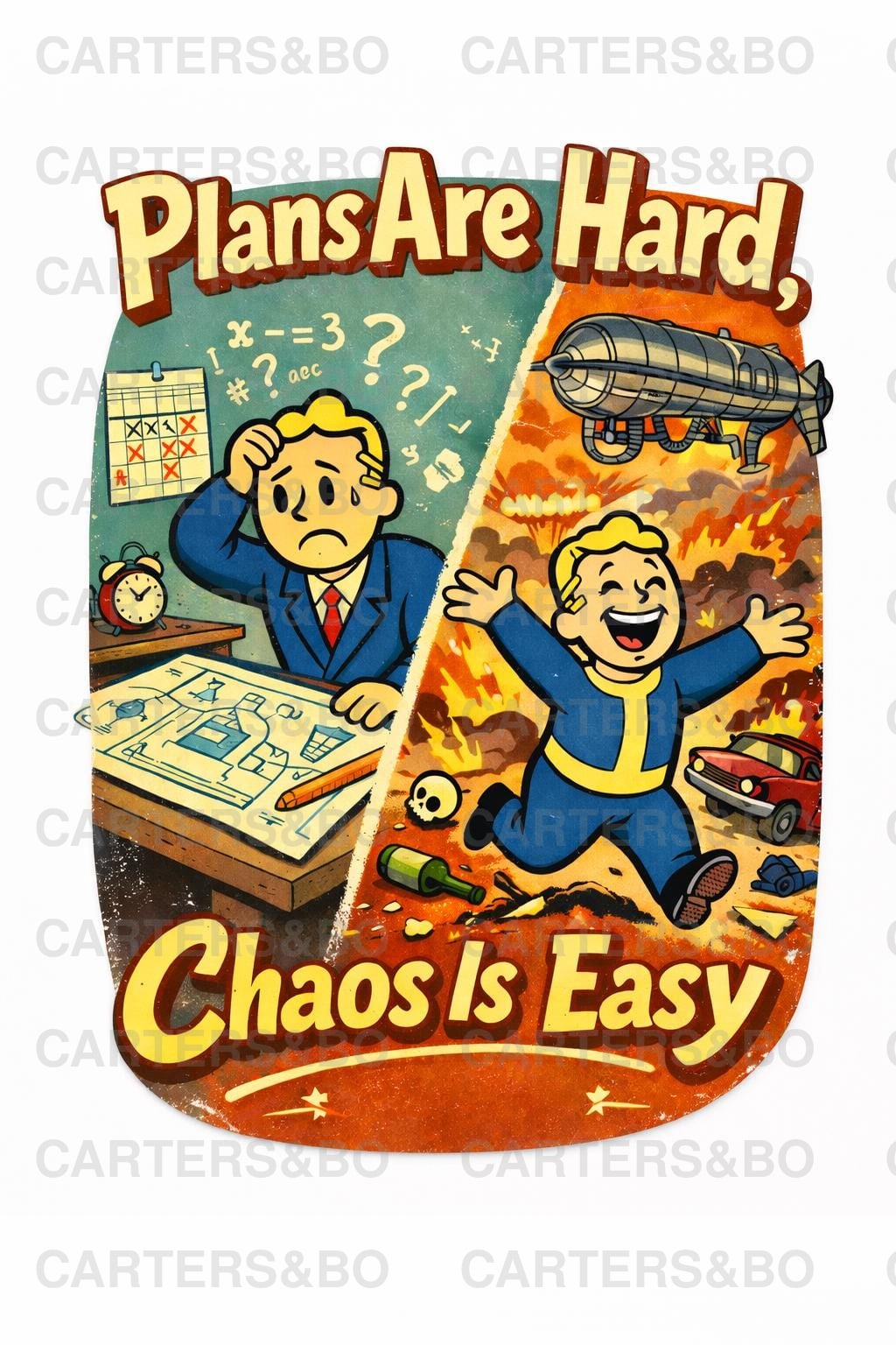 Plans Are Hard, Chaos Is Easy T-Shirt | Retro 50s Cartoon Graphic Tee | Funny Chaos Humor Shirt | Vintage Style Statement Tee