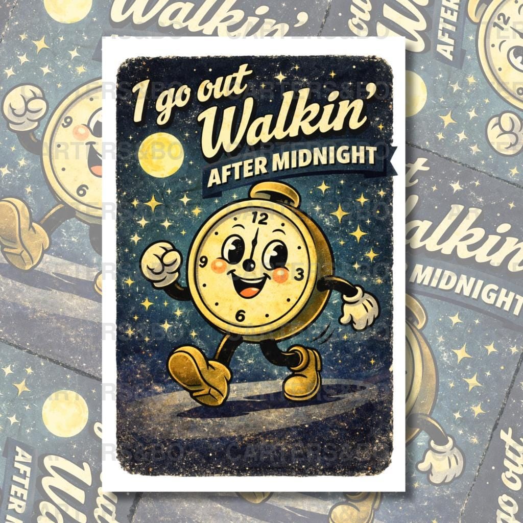 I Go Out Walkin’ After Midnight – Retro Night Walk Poster (A4 & A3)