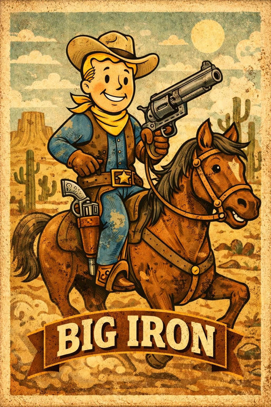 Big Iron Pip Cowboy Poster | Retro Western Cartoon Wall Art | Vintage Fallout-Inspired Print | A4 & A3 Wall Decor