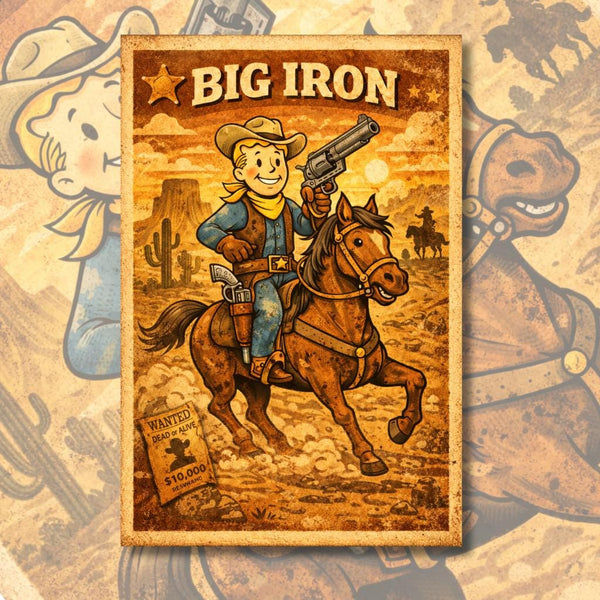 Big Iron Cowboy Poster | Retro Western Cartoon Wall Art | Vintage Fallout-Inspired Print | A4 & A3 Wall Decor