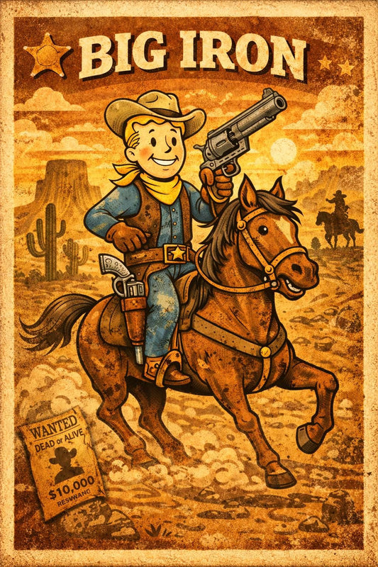 Big Iron Cowboy Poster | Retro Western Cartoon Wall Art | Vintage Fallout-Inspired Print | A4 & A3 Wall Decor