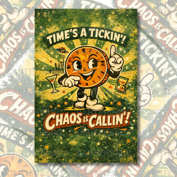 Time’s a Tickin’ Chaos Is Callin’ Poster | Retro Cartoon Wall Art | A4 & A3 Print