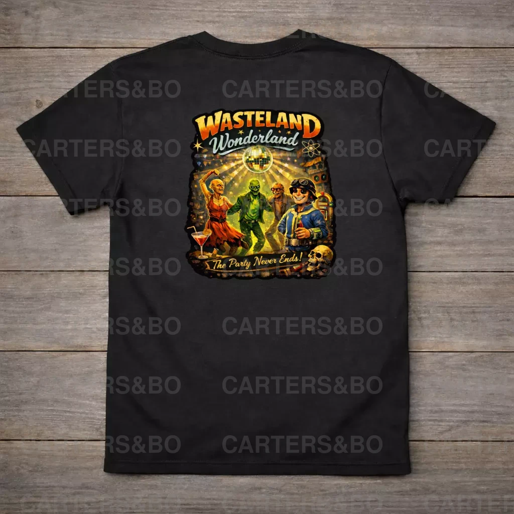 Wasteland Wonderland T-Shirt | Retro Apocalypse Party Shirt | Back Print Graphic Tee | Fallout-Inspired Streetwear