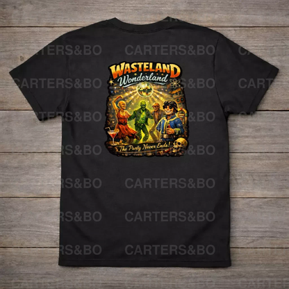 Wasteland Wonderland T-Shirt | Retro Apocalypse Party Shirt | Back Print Graphic Tee | Fallout-Inspired Streetwear