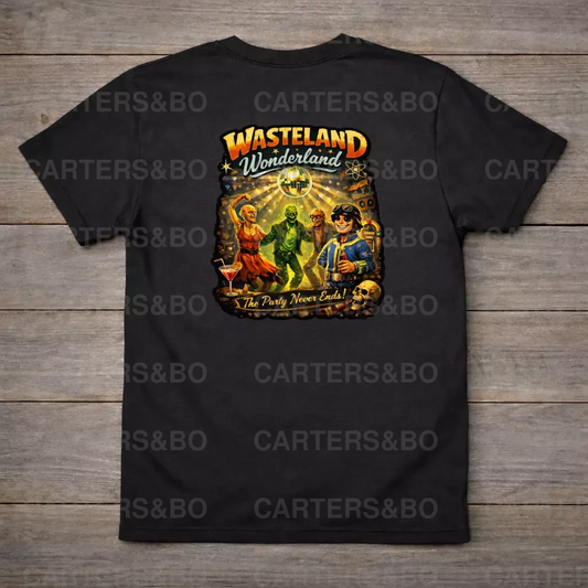 Wasteland Wonderland T-Shirt | Retro Apocalypse Party Shirt | Back Print Graphic Tee | Fallout-Inspired Streetwear